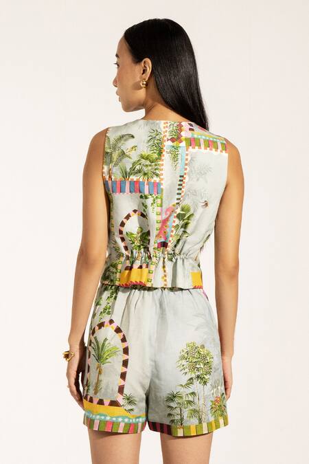 Shop RANNA GILL Green Viscose, Linen V-neck Tropical Print V Waistcoat at Aza Fashions Shop_RANNA GILL_Green Viscose, Linen V-neck Tropical Print V Waistcoat_at_Aza_Fashions
