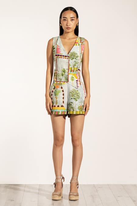 Buy RANNA GILL Green Viscose, Linen V-neck Tropical Print V Waistcoat Online at Aza Fashions Buy_RANNA GILL_Green Viscose, Linen V-neck Tropical Print V Waistcoat_Online_at_Aza_Fashions