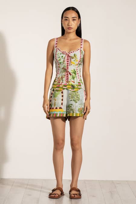 RANNA GILL Green Viscose Sweetheart Neck Tropical Print Bow Detail Top Online at Aza Fashions RANNA GILL_Green Viscose Sweetheart Neck Tropical Print Bow Detail Top_Online_at_Aza_Fashions