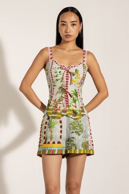 Shop RANNA GILL Green Viscose Sweetheart Neck Tropical Print Bow Detail Top Online at Aza Fashions Shop_RANNA GILL_Green Viscose Sweetheart Neck Tropical Print Bow Detail Top_Online_at_Aza_Fashions