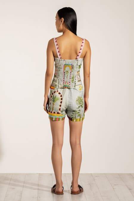 Shop RANNA GILL Green Viscose Sweetheart Neck Tropical Print Bow Detail Top at Aza Fashions Shop_RANNA GILL_Green Viscose Sweetheart Neck Tropical Print Bow Detail Top_at_Aza_Fashions