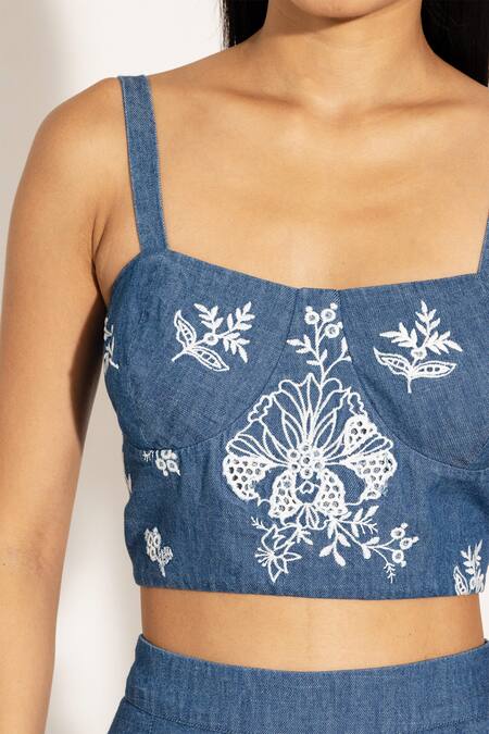 Shop_RANNA GILL_Blue Denim Embroidery Sweetheart Neck Floral Crop Top_Online_at_Aza_Fashions