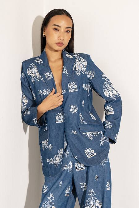 Buy RANNA GILL Blue Denim Embroidery Open Neck Floral Jacket Online at Aza Fashions Buy_RANNA GILL_Blue Denim Embroidery Open Neck Floral Jacket_Online_at_Aza_Fashions