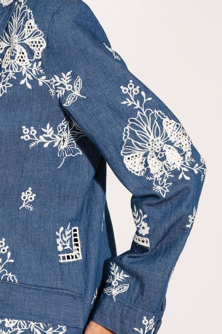 Shop RANNA GILL Blue Denim Embroidery Open Neck Floral Jacket Online at Aza Fashions Shop_RANNA GILL_Blue Denim Embroidery Open Neck Floral Jacket_Online_at_Aza_Fashions