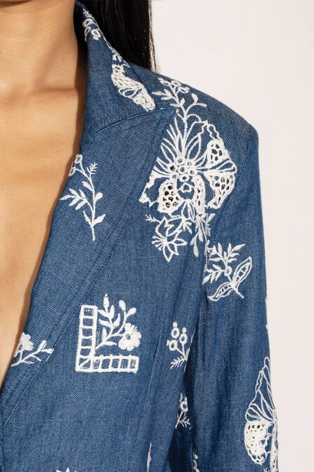 RANNA GILL Blue Denim Embroidery Open Neck Floral Jacket at Aza Fashions RANNA GILL_Blue Denim Embroidery Open Neck Floral Jacket_at_Aza_Fashions
