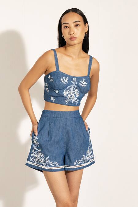 Buy RANNA GILL Blue Denim Embroidery Floral Shorts Online at Aza Fashions Buy_RANNA GILL_Blue Denim Embroidery Floral Shorts_Online_at_Aza_Fashions