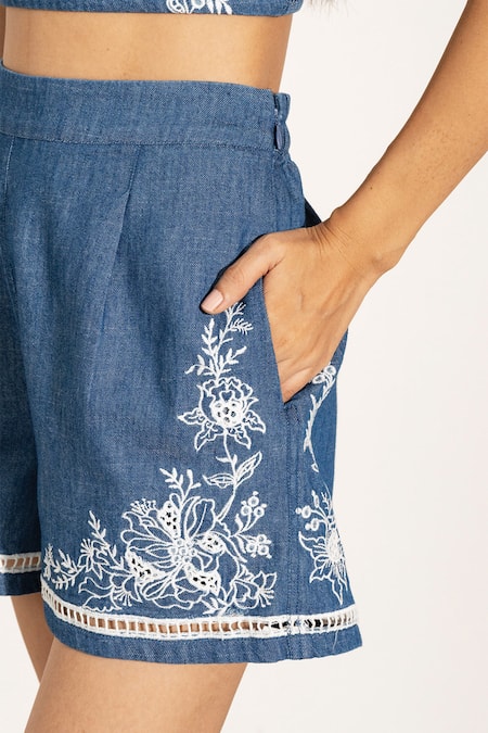 Shop RANNA GILL Blue Denim Embroidery Floral Shorts Online at Aza Fashions Shop_RANNA GILL_Blue Denim Embroidery Floral Shorts_Online_at_Aza_Fashions