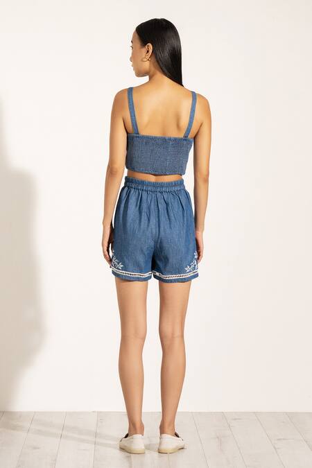 Shop RANNA GILL Blue Denim Embroidery Floral Shorts at Aza Fashions Shop_RANNA GILL_Blue Denim Embroidery Floral Shorts_at_Aza_Fashions