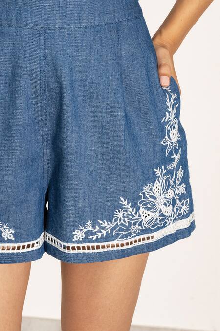 RANNA GILL Blue Denim Embroidery Floral Shorts at Aza Fashions RANNA GILL_Blue Denim Embroidery Floral Shorts_at_Aza_Fashions