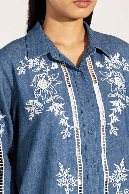 RANNA GILL_Blue Denim Embroidery Collared Floral Shirt_Online_at_Aza_Fashions
