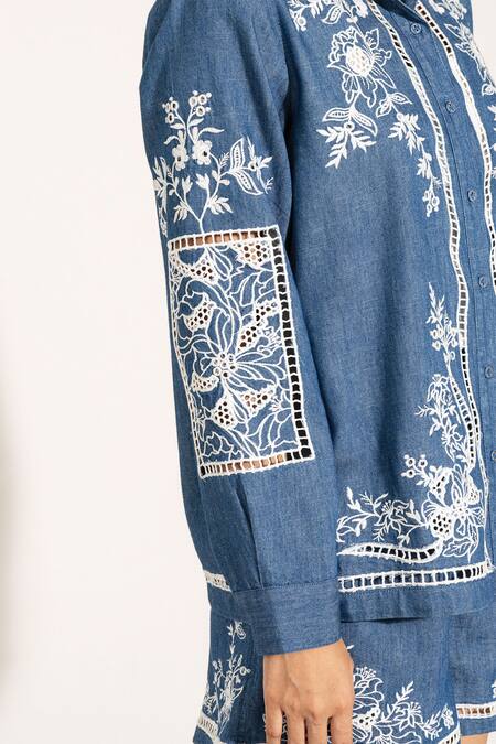 Buy_RANNA GILL_Blue Denim Embroidery Collared Floral Shirt_Online_at_Aza_Fashions
