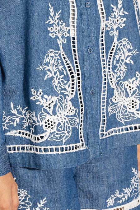Shop_RANNA GILL_Blue Denim Embroidery Collared Floral Shirt_Online_at_Aza_Fashions