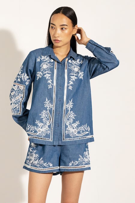 RANNA GILL_Blue Denim Embroidery Collared Floral Shirt_at_Aza_Fashions