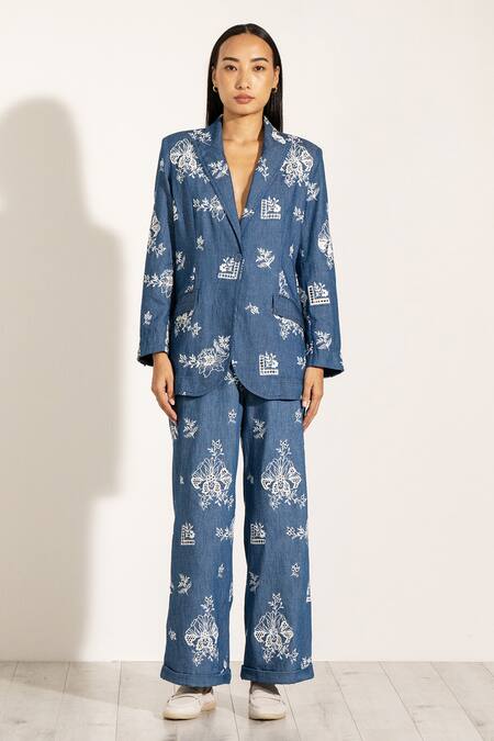 Buy RANNA GILL Blue Denim Embroidery High Waist Floral Pant Online at Aza Fashions Buy_RANNA GILL_Blue Denim Embroidery High Waist Floral Pant_Online_at_Aza_Fashions