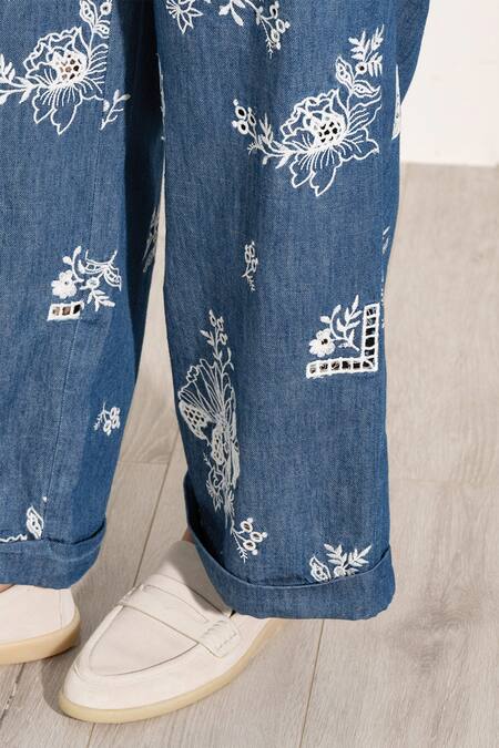 Shop RANNA GILL Blue Denim Embroidery High Waist Floral Pant Online at Aza Fashions Shop_RANNA GILL_Blue Denim Embroidery High Waist Floral Pant_Online_at_Aza_Fashions