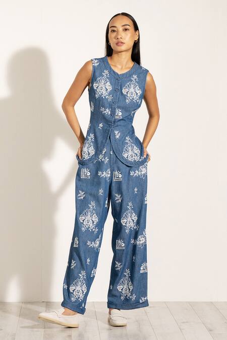 RANNA GILL Blue Denim Embroidery High Waist Floral Pant at Aza Fashions RANNA GILL_Blue Denim Embroidery High Waist Floral Pant_at_Aza_Fashions