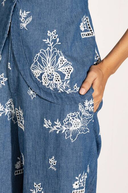 RANNA GILL Blue Denim Embroidery Round Neck Floral Waistcoat Online at Aza Fashions RANNA GILL_Blue Denim Embroidery Round Neck Floral Waistcoat_Online_at_Aza_Fashions