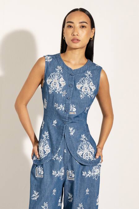 Buy RANNA GILL Blue Denim Embroidery Round Neck Floral Waistcoat Online at Aza Fashions Buy_RANNA GILL_Blue Denim Embroidery Round Neck Floral Waistcoat_Online_at_Aza_Fashions