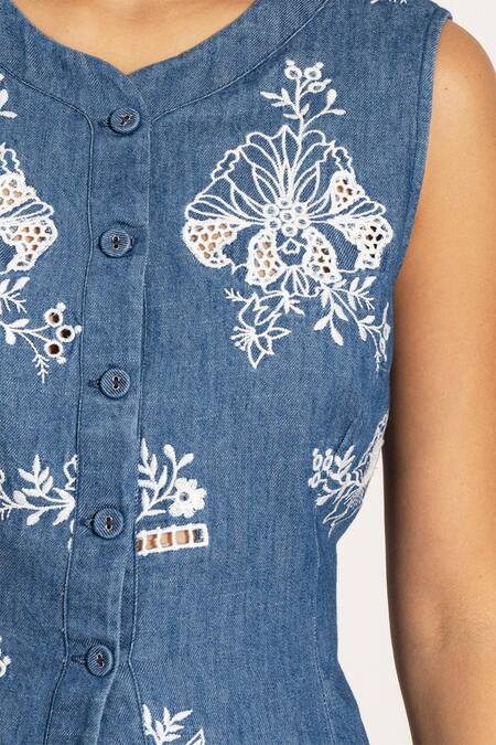 Shop RANNA GILL Blue Denim Embroidery Round Neck Floral Waistcoat Online at Aza Fashions Shop_RANNA GILL_Blue Denim Embroidery Round Neck Floral Waistcoat_Online_at_Aza_Fashions