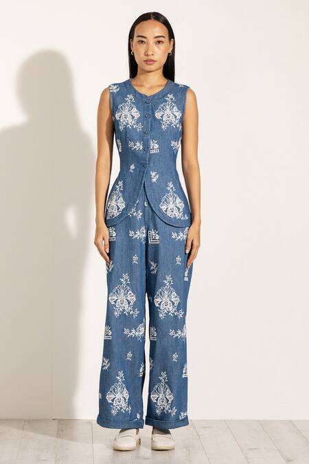 RANNA GILL Blue Denim Embroidery Round Neck Floral Waistcoat at Aza Fashions RANNA GILL_Blue Denim Embroidery Round Neck Floral Waistcoat_at_Aza_Fashions