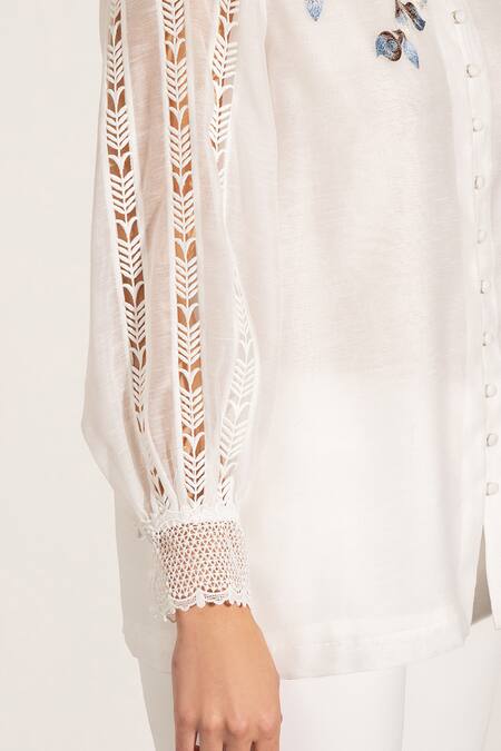 RANNA GILL White Linen Embroidery Collared Floral Lace Trimmed Shirt Online at Aza Fashions RANNA GILL_White Linen Embroidery Collared Floral Lace Trimmed Shirt_Online_at_Aza_Fashions