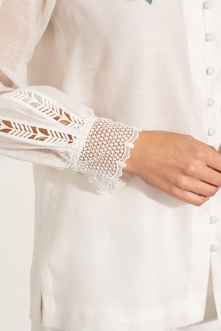Buy RANNA GILL White Linen Embroidery Collared Floral Lace Trimmed Shirt Online at Aza Fashions Buy_RANNA GILL_White Linen Embroidery Collared Floral Lace Trimmed Shirt_Online_at_Aza_Fashions