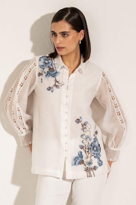 Shop RANNA GILL White Linen Embroidery Collared Floral Lace Trimmed Shirt Online at Aza Fashions Shop_RANNA GILL_White Linen Embroidery Collared Floral Lace Trimmed Shirt_Online_at_Aza_Fashions