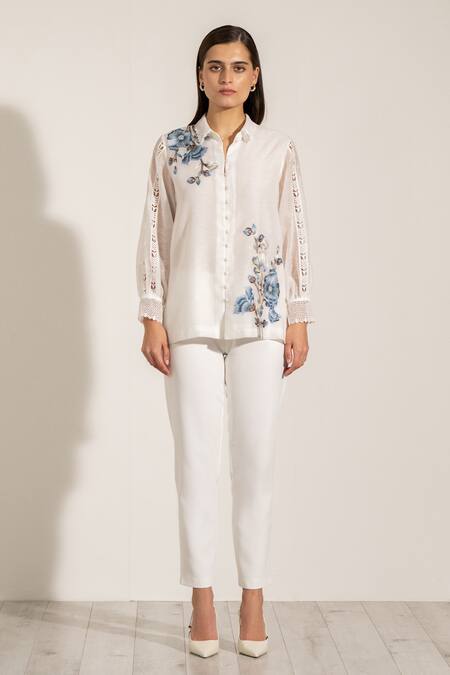 Shop RANNA GILL White Linen Embroidery Collared Floral Lace Trimmed Shirt at Aza Fashions Shop_RANNA GILL_White Linen Embroidery Collared Floral Lace Trimmed Shirt_at_Aza_Fashions
