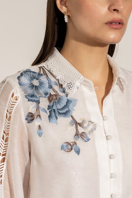 RANNA GILL White Linen Embroidery Collared Floral Lace Trimmed Shirt at Aza Fashions RANNA GILL_White Linen Embroidery Collared Floral Lace Trimmed Shirt_at_Aza_Fashions