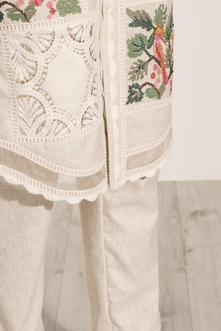 RANNA GILL Beige Cotton, Linen Embroidery Asymmetric Floral Tunic And Pant Set Online at Aza Fashions RANNA GILL_Beige Cotton, Linen Embroidery Asymmetric Floral Tunic And Pant Set_Online_at_Aza_Fashions