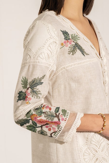 Buy RANNA GILL Beige Cotton, Linen Embroidery Asymmetric Floral Tunic And Pant Set Online at Aza Fashions Buy_RANNA GILL_Beige Cotton, Linen Embroidery Asymmetric Floral Tunic And Pant Set_Online_at_Aza_Fashions