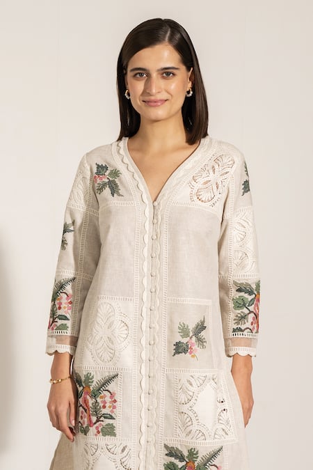 Shop RANNA GILL Beige Cotton, Linen Embroidery Asymmetric Floral Tunic And Pant Set Online at Aza Fashions Shop_RANNA GILL_Beige Cotton, Linen Embroidery Asymmetric Floral Tunic And Pant Set_Online_at_Aza_Fashions