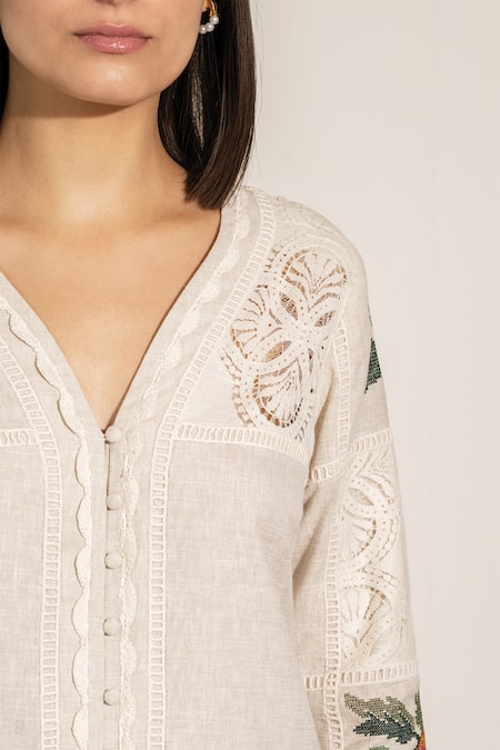 RANNA GILL Beige Cotton, Linen Embroidery Asymmetric Floral Tunic And Pant Set at Aza Fashions RANNA GILL_Beige Cotton, Linen Embroidery Asymmetric Floral Tunic And Pant Set_at_Aza_Fashions