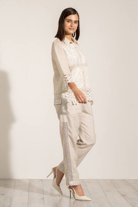 RANNA GILL Beige Cotton, Linen Cut Work Collared Shirt And Pant Set Online at Aza Fashions RANNA GILL_Beige Cotton, Linen Cut Work Collared Shirt And Pant Set_Online_at_Aza_Fashions