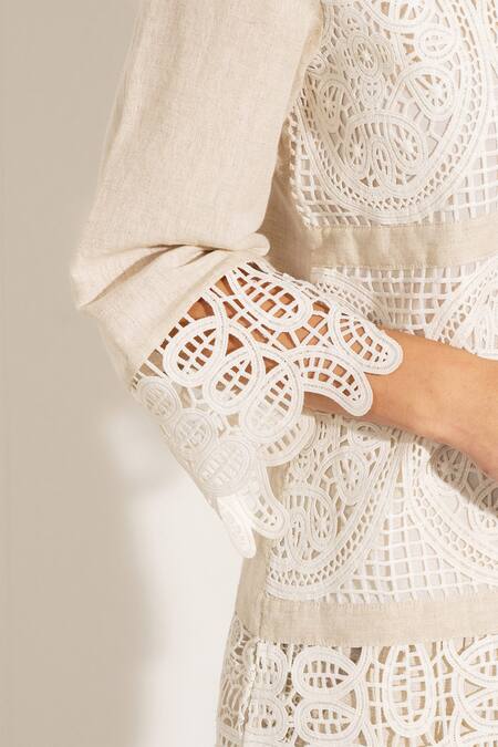 Buy RANNA GILL Beige Cotton, Linen Cut Work Collared Shirt And Pant Set Online at Aza Fashions Buy_RANNA GILL_Beige Cotton, Linen Cut Work Collared Shirt And Pant Set_Online_at_Aza_Fashions