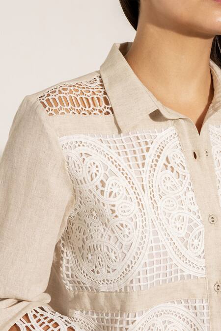 Shop RANNA GILL Beige Cotton, Linen Cut Work Collared Shirt And Pant Set Online at Aza Fashions Shop_RANNA GILL_Beige Cotton, Linen Cut Work Collared Shirt And Pant Set_Online_at_Aza_Fashions