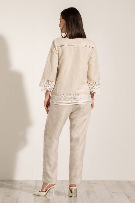 Shop RANNA GILL Beige Cotton, Linen Cut Work Collared Shirt And Pant Set at Aza Fashions Shop_RANNA GILL_Beige Cotton, Linen Cut Work Collared Shirt And Pant Set_at_Aza_Fashions