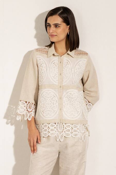 RANNA GILL Beige Cotton, Linen Cut Work Collared Shirt And Pant Set at Aza Fashions RANNA GILL_Beige Cotton, Linen Cut Work Collared Shirt And Pant Set_at_Aza_Fashions