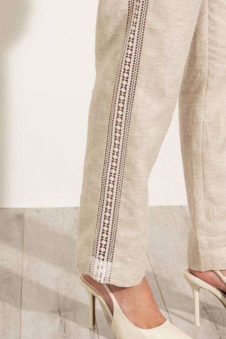 Buy RANNA GILL Beige Cotton, Linen Cut Work Collared Shirt And Pant Set Buy_RANNA GILL_Beige Cotton, Linen Cut Work Collared Shirt And Pant Set