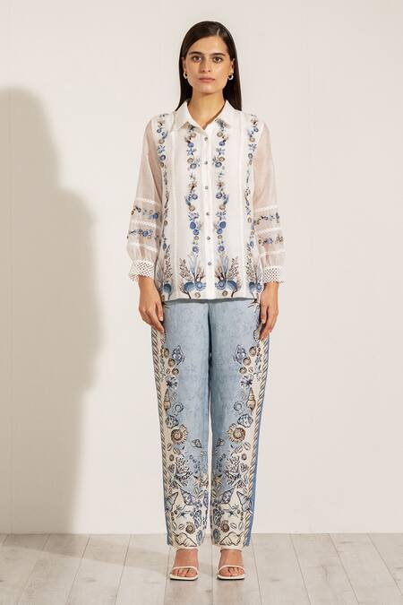 Buy RANNA GILL White Linen Embroidery Collared Dhaka Shirt Online at Aza Fashions Buy_RANNA GILL_White Linen Embroidery Collared Dhaka Shirt_Online_at_Aza_Fashions