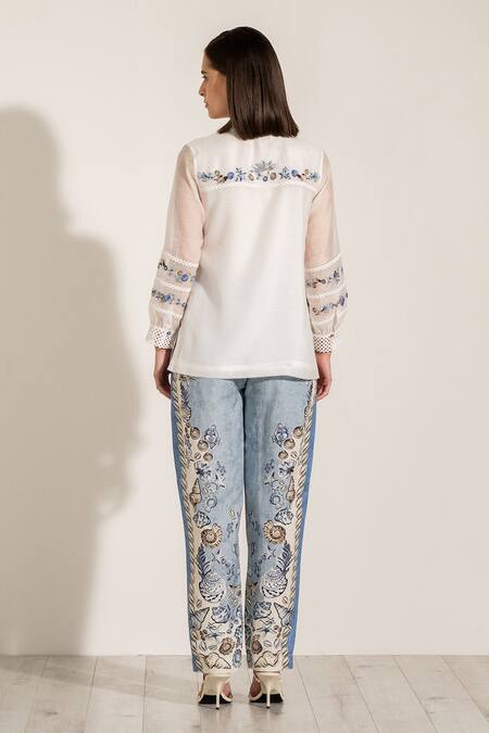 Shop RANNA GILL White Linen Embroidery Collared Dhaka Shirt at Aza Fashions Shop_RANNA GILL_White Linen Embroidery Collared Dhaka Shirt_at_Aza_Fashions