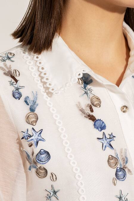 Shop RANNA GILL White Linen Embroidery Collared Dhaka Shirt Online at Aza Fashions Shop_RANNA GILL_White Linen Embroidery Collared Dhaka Shirt_Online_at_Aza_Fashions