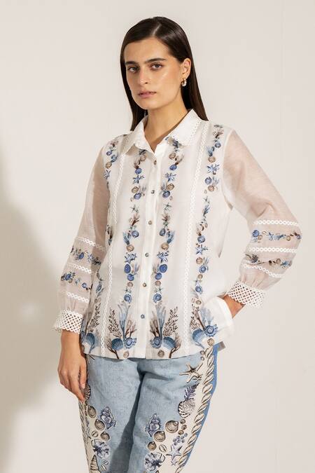 RANNA GILL White Linen Embroidery Collared Dhaka Shirt at Aza Fashions RANNA GILL_White Linen Embroidery Collared Dhaka Shirt_at_Aza_Fashions