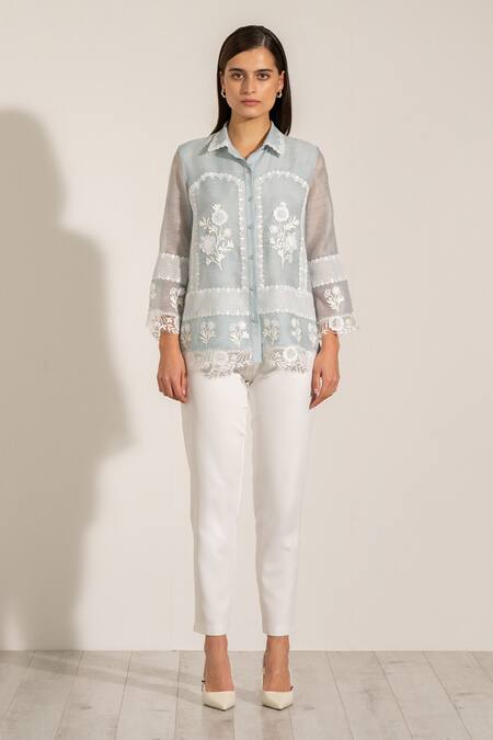 RANNA GILL Blue Linen, Viscose Embroidery Collared Floral Shirt Online at Aza Fashions RANNA GILL_Blue Linen, Viscose Embroidery Collared Floral Shirt_Online_at_Aza_Fashions
