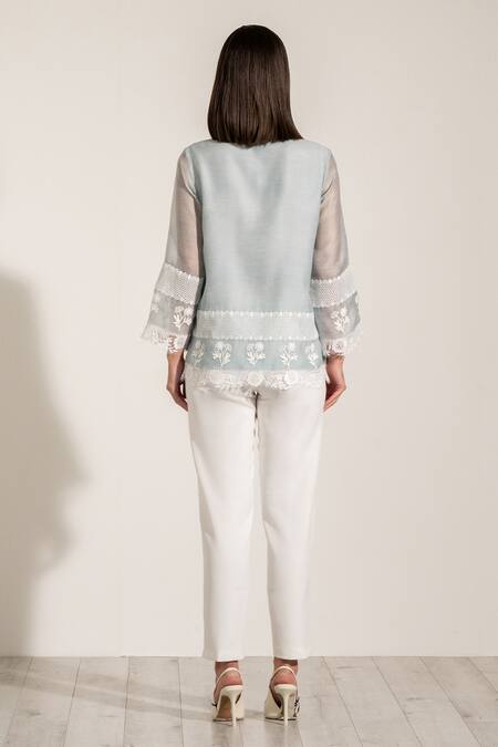 Shop RANNA GILL Blue Linen, Viscose Embroidery Collared Floral Shirt at Aza Fashions Shop_RANNA GILL_Blue Linen, Viscose Embroidery Collared Floral Shirt_at_Aza_Fashions