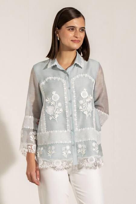 Buy RANNA GILL Blue Linen, Viscose Embroidery Collared Floral Shirt Online at Aza Fashions Buy_RANNA GILL_Blue Linen, Viscose Embroidery Collared Floral Shirt_Online_at_Aza_Fashions