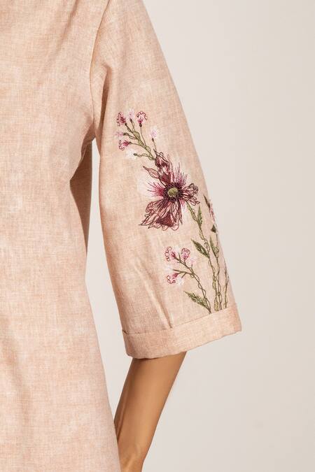 RANNA GILL Peach Linen, Viscose Embroidery Mandarin Collar Floral Tunic And Pant Set Online at Aza Fashions RANNA GILL_Peach Linen, Viscose Embroidery Mandarin Collar Floral Tunic And Pant Set_Online_at_Aza_Fashions