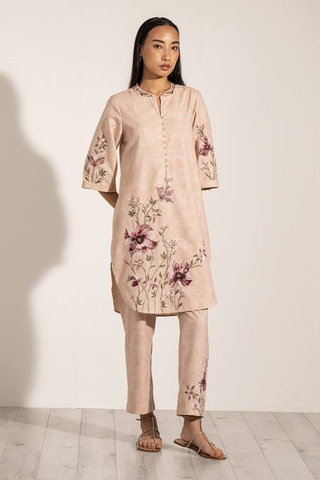 Buy RANNA GILL Peach Linen, Viscose Embroidery Mandarin Collar Floral Tunic And Pant Set Online at Aza Fashions Buy_RANNA GILL_Peach Linen, Viscose Embroidery Mandarin Collar Floral Tunic And Pant Set_Online_at_Aza_Fashions