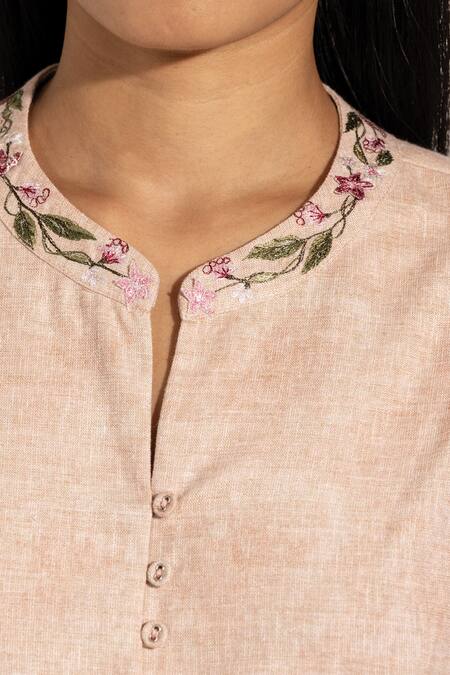 Shop RANNA GILL Peach Linen, Viscose Embroidery Mandarin Collar Floral Tunic And Pant Set Online at Aza Fashions Shop_RANNA GILL_Peach Linen, Viscose Embroidery Mandarin Collar Floral Tunic And Pant Set_Online_at_Aza_Fashions