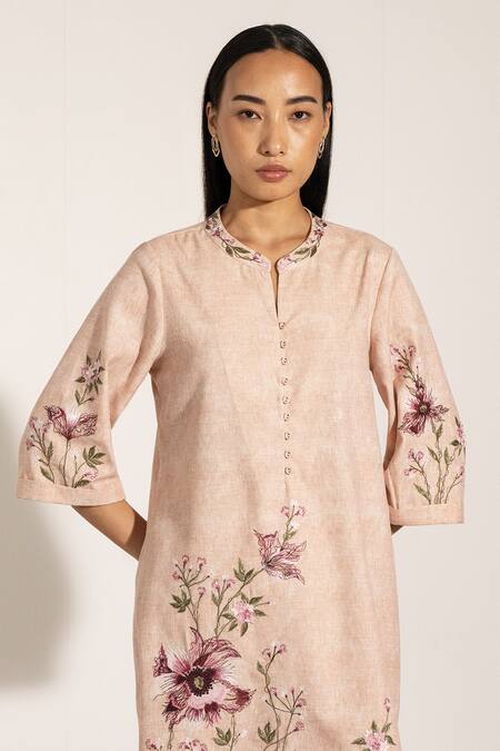 RANNA GILL Peach Linen, Viscose Embroidery Mandarin Collar Floral Tunic And Pant Set at Aza Fashions RANNA GILL_Peach Linen, Viscose Embroidery Mandarin Collar Floral Tunic And Pant Set_at_Aza_Fashions